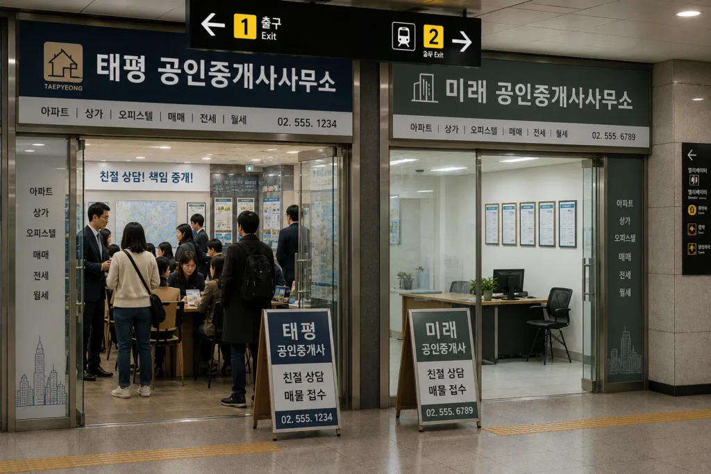 같은 지하철역 출입구 앞에 위치한 두 공인중개사사무소 중 한 곳은 고객들로 붐비고 다른 한 곳은 한산한 모습을 통해 입지와 고객 신뢰의 중요성을 보여주는 모습