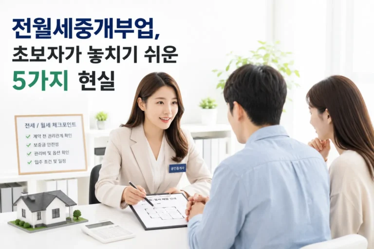 전월세중개부업 상담 중인 여성 공인중개사와 임차인 고객의 계약 상담 장면