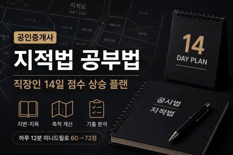 공인중개사 지적법 공부법을 위한 14일 학습 플랜과 지적도 배경이 포함된 공시법 학습 이미지