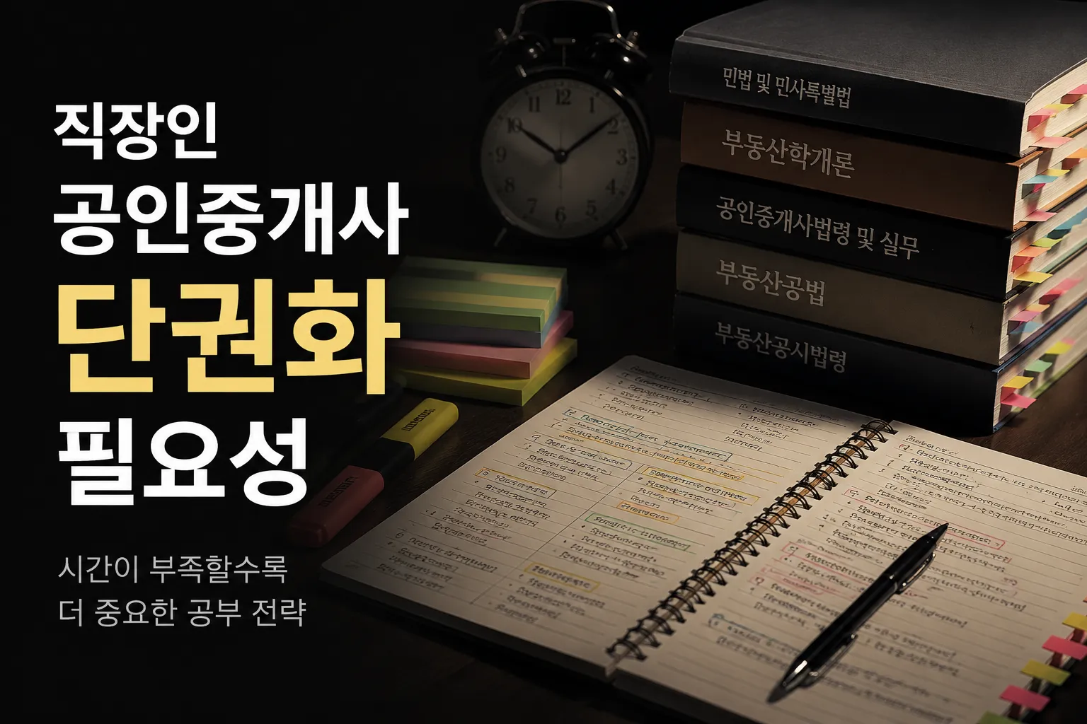 직장인 공인중개사 단권화를 위해 교재와 필기 노트를 정리하며 공부하는 수험생의 책상