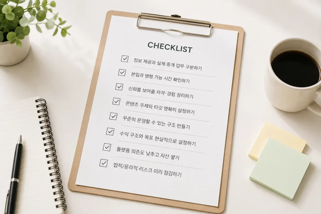 공인중개사 비대면 부업 수익을 시작하기 전 체크포인트를 정리한 체크리스트와 노트, 커피잔이 놓인 밝은 책상 이미지