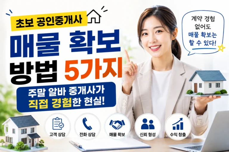 초보 공인중개사가 매물 확보 방법을 설명하는 이미지로, 밝은 배경에서 부동산 중개사가 고객 상담과 신뢰 형성을 통해 매물을 확보하는 과정을 표현한 모습