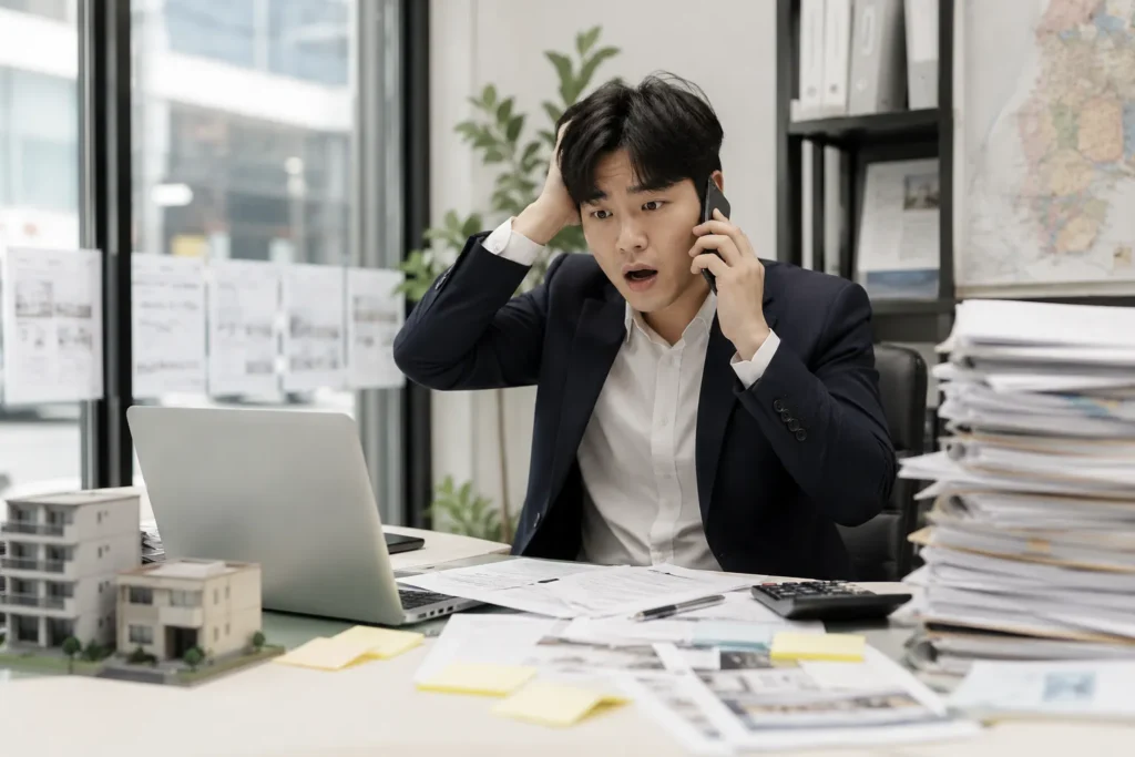 현장 경험 부족으로 개업 후 업무에 어려움을 겪는 초보 공인중개사 모습