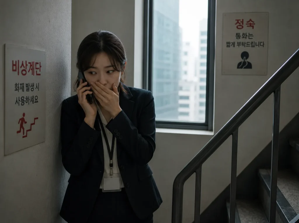 회사 비상계단에서 손으로 입을 가린 채 고객과 조심스럽게 전화 상담을 하고 있는 직장인 공인중개사의 모습