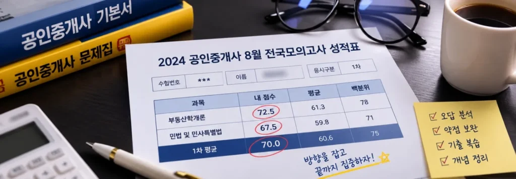 개인정보를 가린 공인중개사 8월 모의고사 성적표 예시 이미지. 과목별 점수와 백분위, 모의고사 결과를 분석해 약점을 확인하고 학습 계획을 세우는 과정을 보여준다.