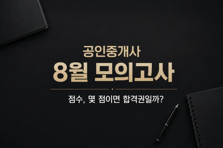 공인중개사 8월 모의고사를 준비하는 수험생의 공부 노트와 교재를 표현한 심플한 대표이미지. 모의고사 점수 분석과 오답 복습, 시험 3개월 전 공부 전략을 상징하는 어두운 배경의 이미지