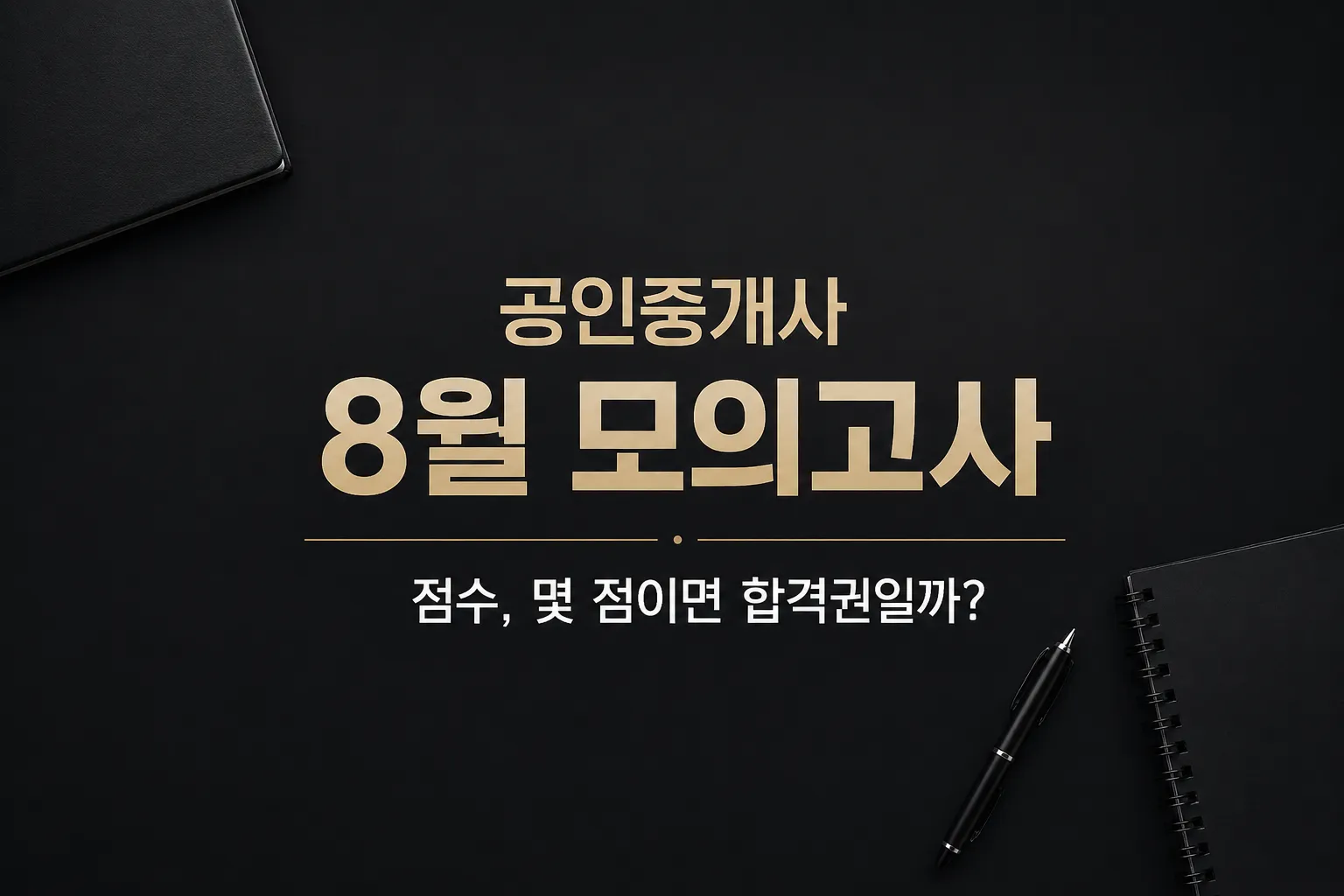 공인중개사 8월 모의고사를 준비하는 수험생의 공부 노트와 교재를 표현한 심플한 대표이미지. 모의고사 점수 분석과 오답 복습, 시험 3개월 전 공부 전략을 상징하는 어두운 배경의 이미지