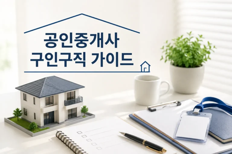공인중개사 구인구직과 초보 취업 준비 체크리스트를 표현한 부동산 사무실 책상과 주택 모형 이미지