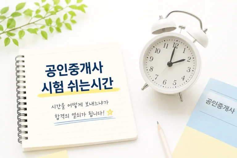 공인중개사 시험 쉬는시간을 준비하는 수험생의 책상. 노트, 시계, 필기구가 놓인 밝은 배경의 이미지로 시험시간표와 쉬는시간 활용법을 나타낸 대표 이미지.