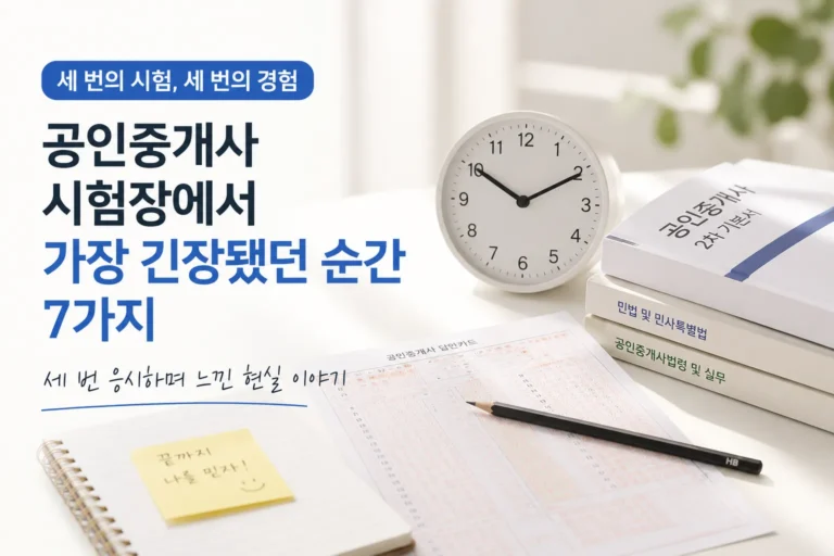 공인중개사 시험장에서 가장 긴장됐던 순간을 주제로 시험지와 OMR카드, 시계, 공인중개사 교재가 놓인 밝은 시험 준비 이미지
