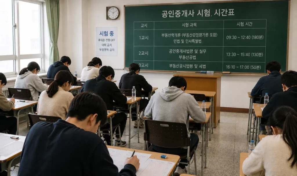 중학교 교실 시험장에서 공인중개사 시험을 치르는 수험생들이 책상에 앉아 시험지와 OMR카드를 작성하는 모습