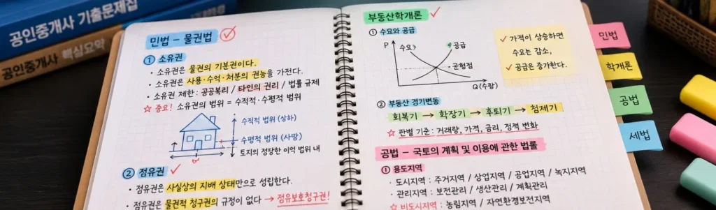 공인중개사 8월 모의고사 이후 작성한 오답노트와 요약노트 예시 이미지. 민법과 부동산학개론 핵심 내용을 정리하고 틀린 문제를 복습하며 시험 대비 공부 전략을 기록한 모습.