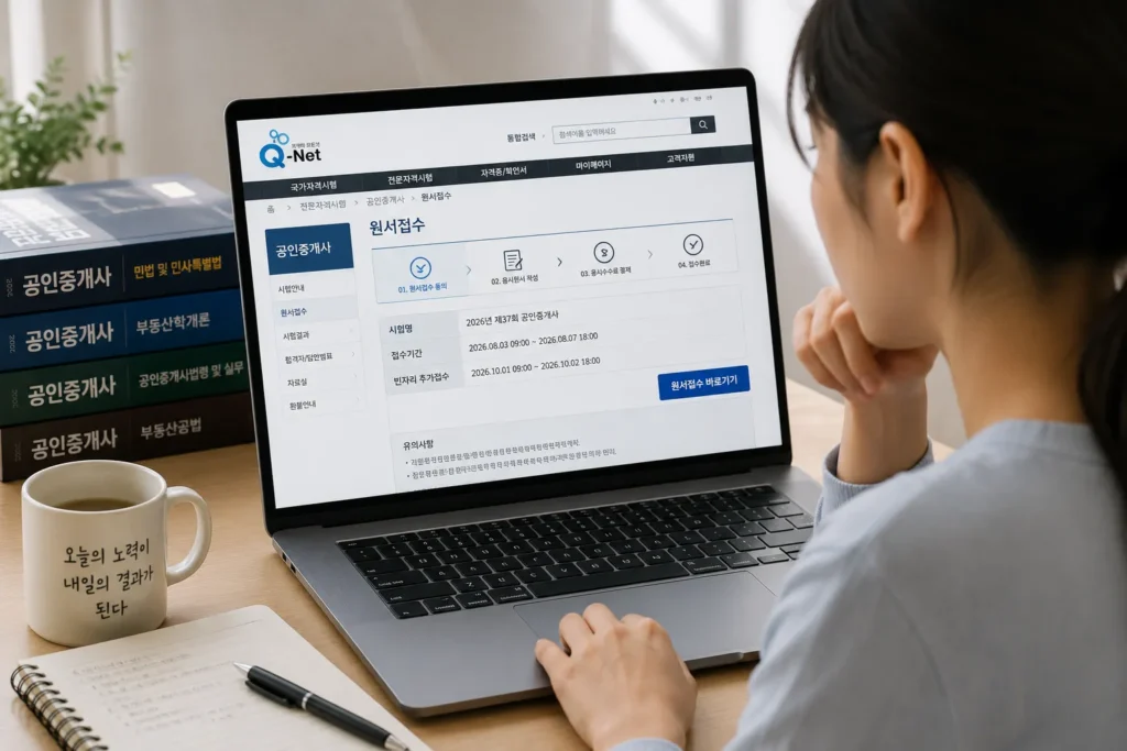 노트북으로 Q-Net 공인중개사 원서접수 화면을 확인하며 접수 방법을 준비하는 수험생
