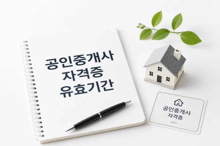 공인중개사 자격증 유효기간과 개업 등록 조건을 상징하는 자격증, 노트, 주택 모형 이미지