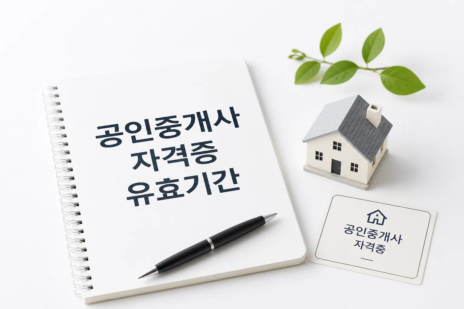 공인중개사 자격증 유효기간과 개업 등록 조건을 상징하는 자격증, 노트, 주택 모형 이미지