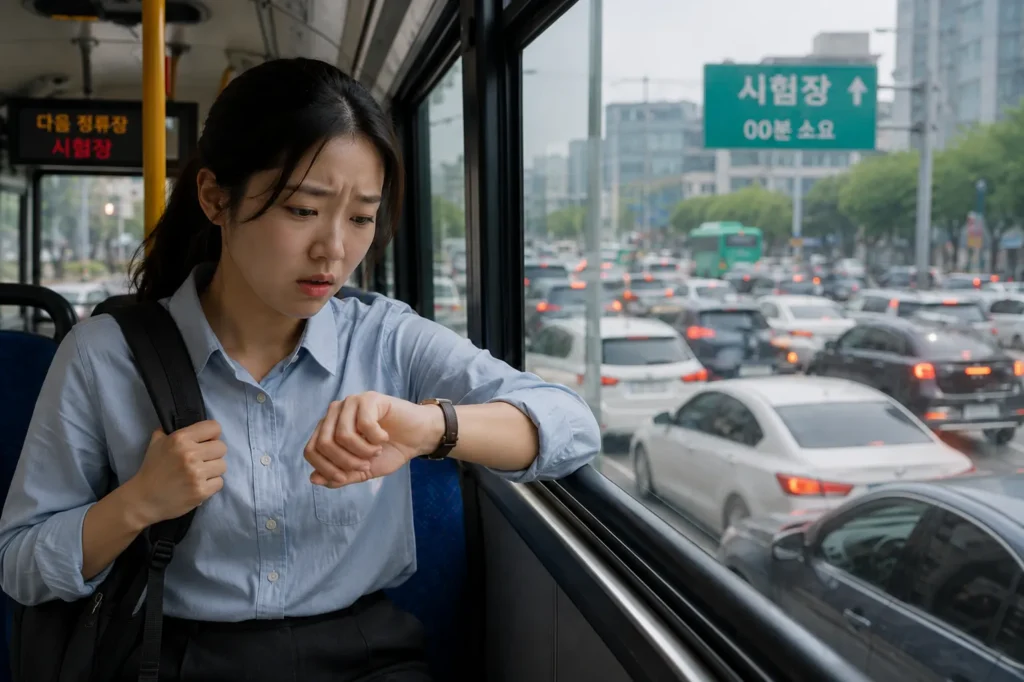 버스 안에서 교통 체증을 보며 손목시계를 확인하는 공인중개사 수험생