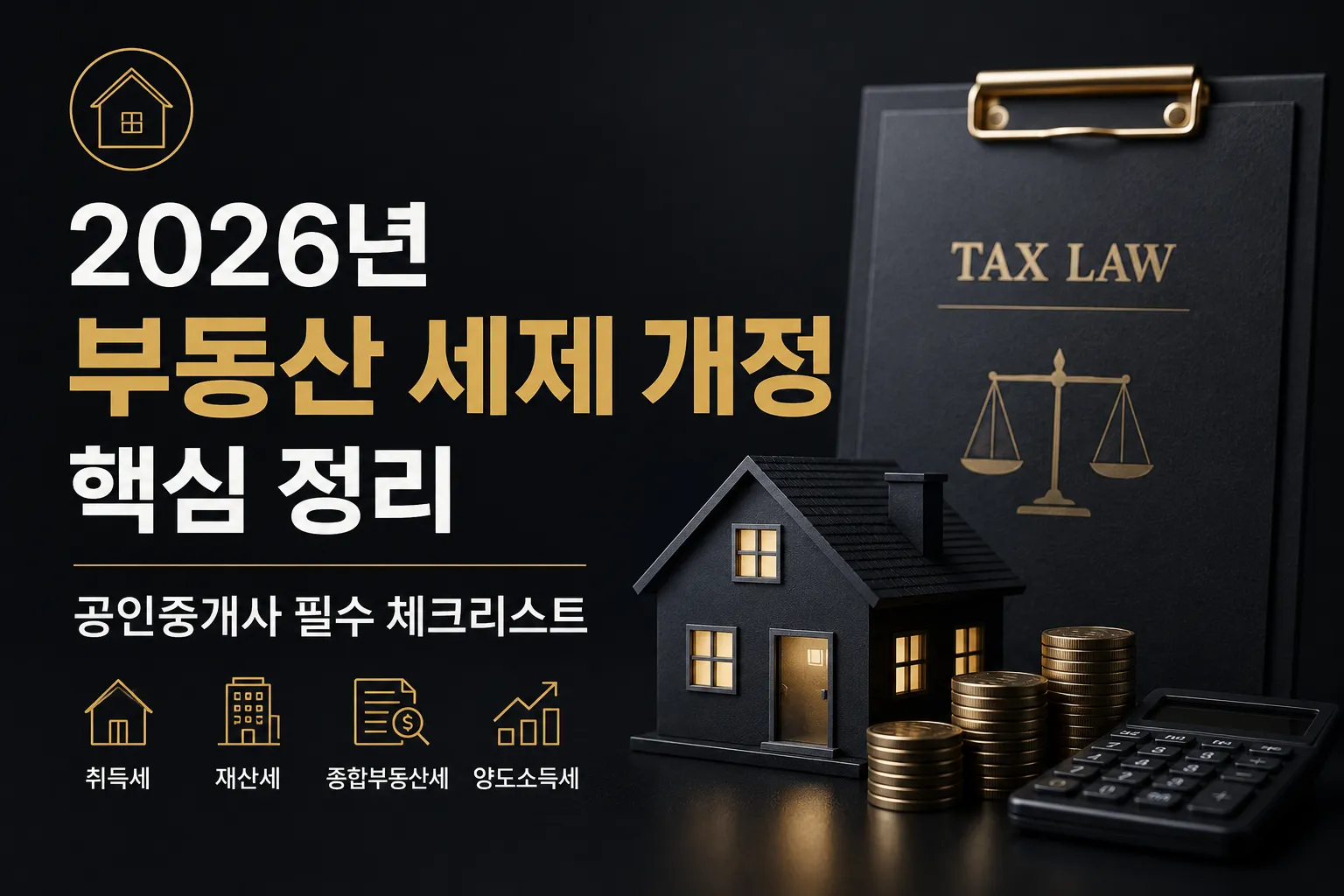 2026년 부동산 세제 개정 핵심 내용을 상징하는 부동산 모형과 세법 문서, 계산기가 배치된 공인중개사 세법 체크리스트 대표 이미지