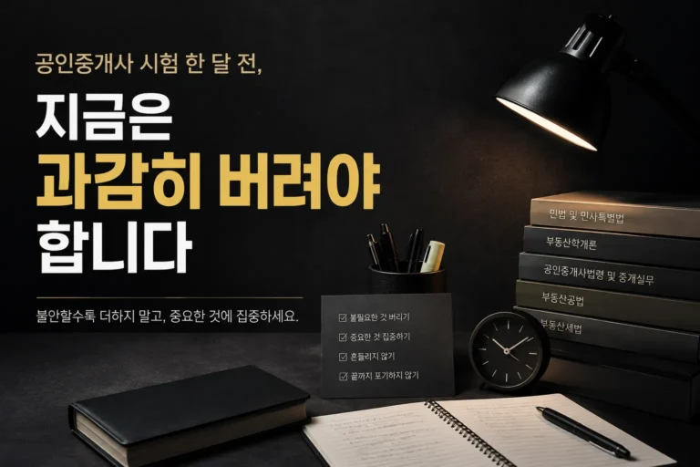 어두운 배경의 공부 공간에서 공인중개사 시험 한 달 전 불필요한 공부와 불안을 과감히 버리고 중요한 것에 집중해야 한다는 메시지를 담은 대표 이미지