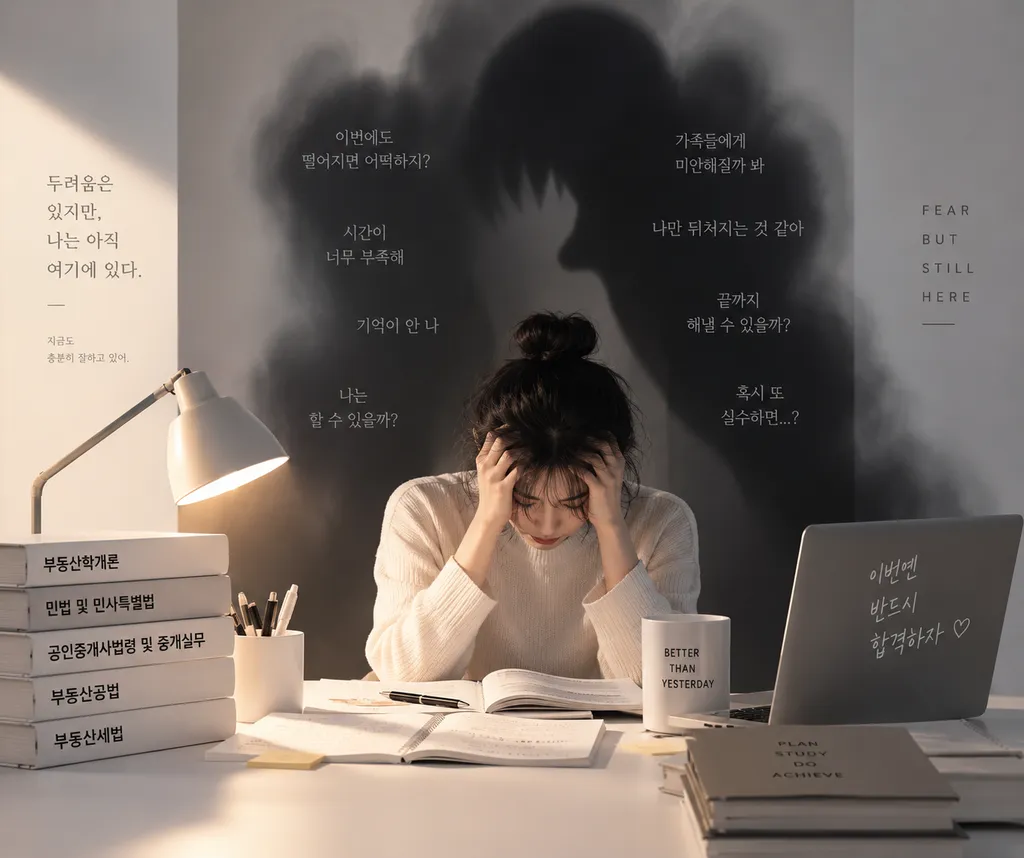 어두운 분위기의 공부 공간에서 공인중개사 시험 교재를 앞에 두고 머리를 감싼 수험생과 벽에 드리운 커다란 그림자를 통해 시험을 앞둔 두려움과 불안을 시각화한 심플하고 세련된 이미지입니다.